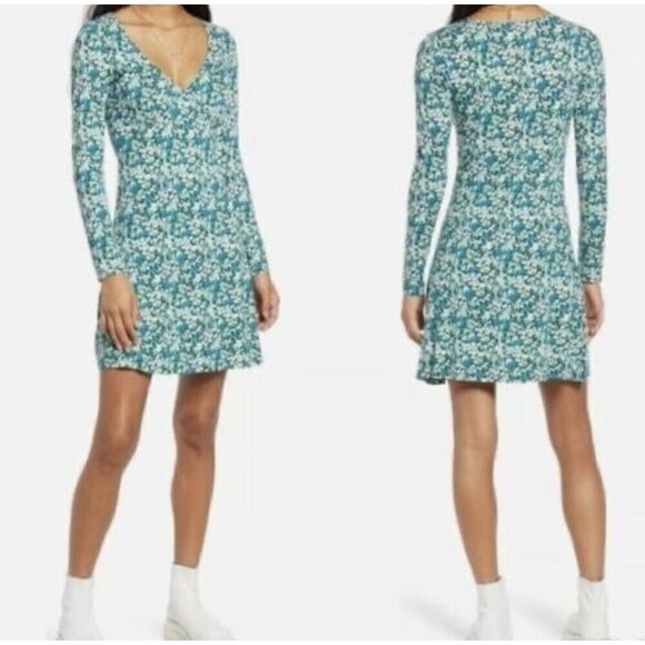 NWT bp Green Floral Knit Long Sleeve V-Neck Sustainable Dress - Size: XXS - Picture 1 of 7